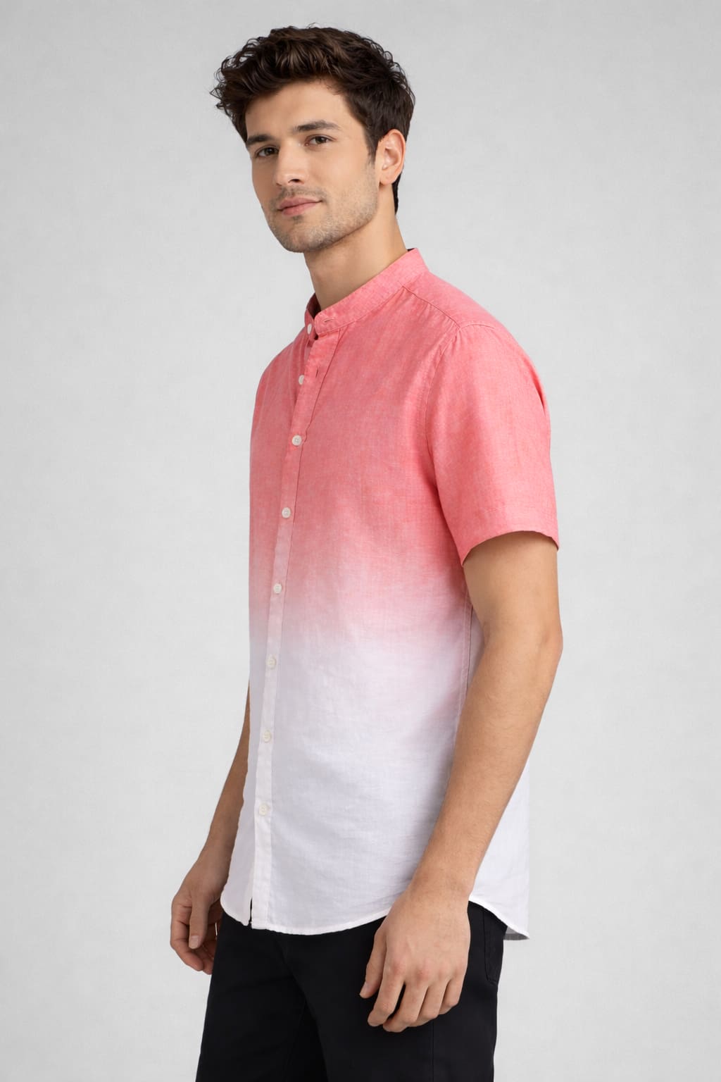 Coral Ombre Mandarin Collar Cotton Shirt