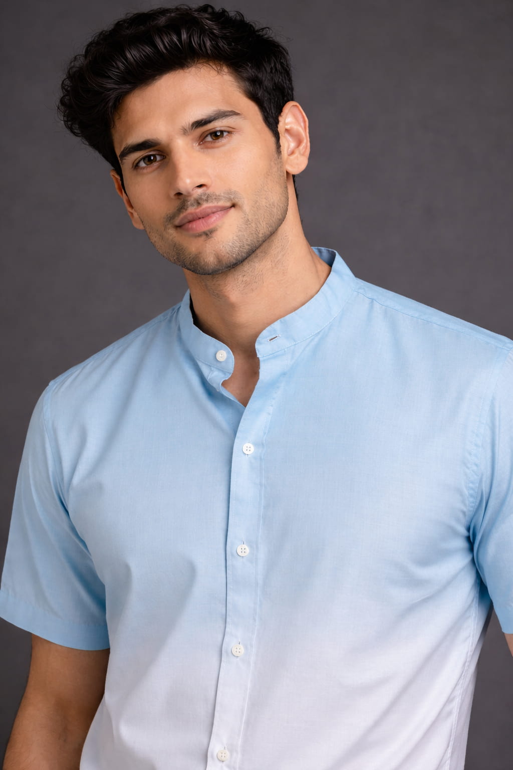 Sky Blue Ombre Mandarin Collar Cotton Shirt