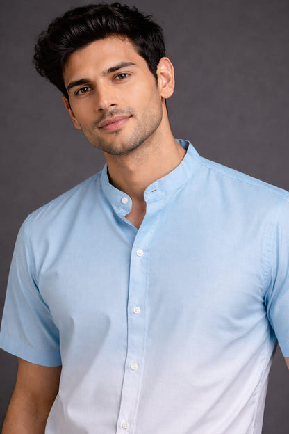 Sky Blue Ombre Mandarin Collar Cotton Shirt