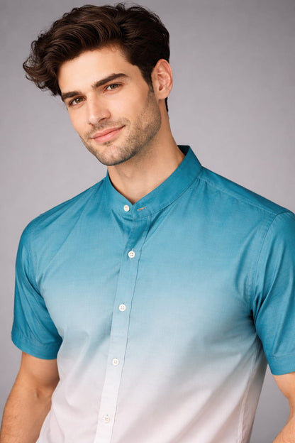 Teal Ombre Mandarin Collar Cotton Shirt