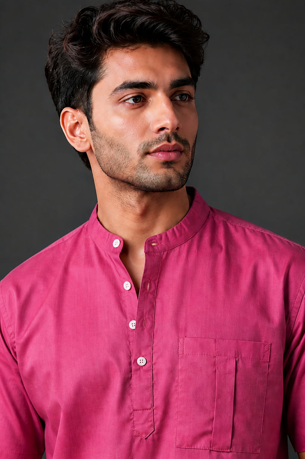 Rose Pink Mandarin Collar Cotton Short Kurta Shirt with Pocket