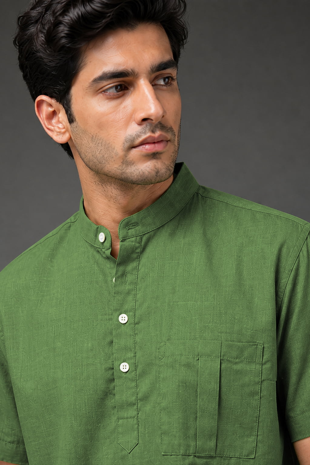 Olive Green Mandarin Collar Cotton Short Kurta Shirt with Pocket
