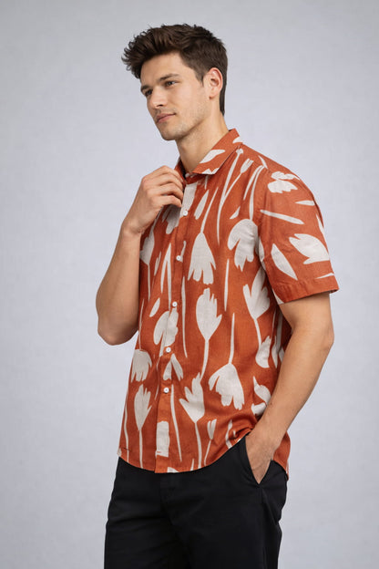 Rust Red Floral Print Shirt