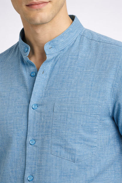 Men’s Blue Mandarin Collar Cotton Shirt
