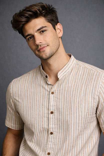 Beige Striped Mandarin Collar Shirt