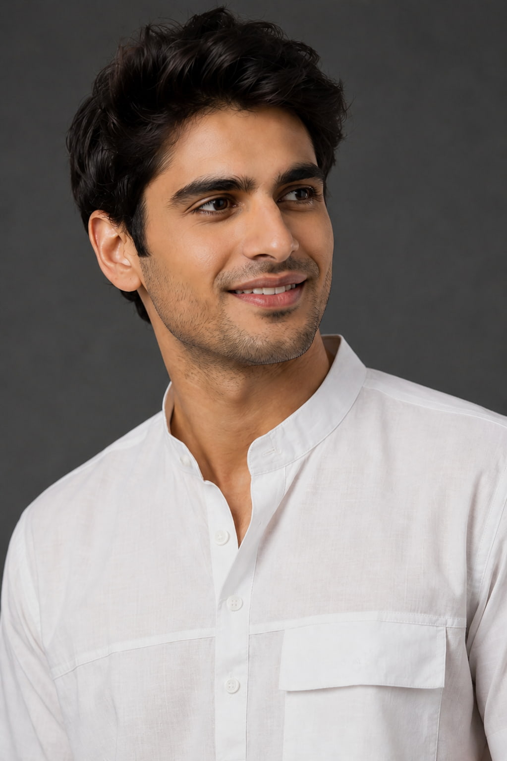 Men’s White Mandarin Collar Cotton Short Kurta Shirt with Pocket