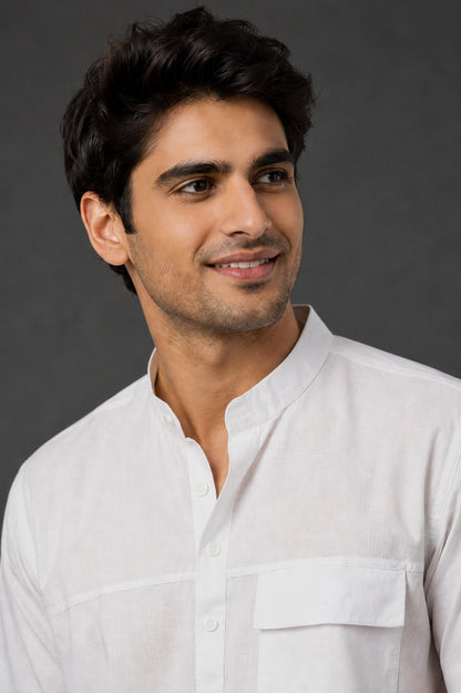Men’s White Mandarin Collar Cotton Short Kurta Shirt with Pocket