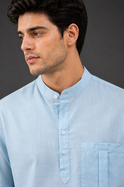 Sky Blue Mandarin Collar Cotton Short Kurta Shirt with Pocket