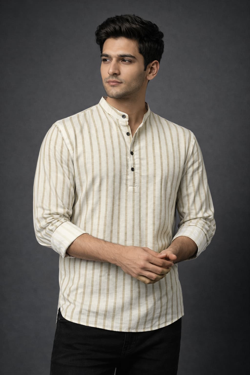 Beige Striped Mandarin Collar Short Kurta Shirt