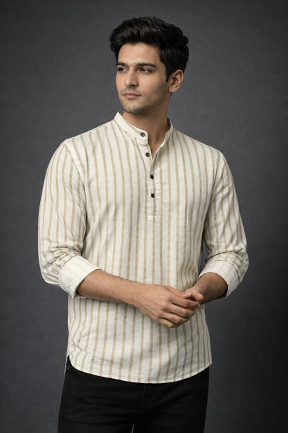 Beige Striped Mandarin Collar Short Kurta Shirt