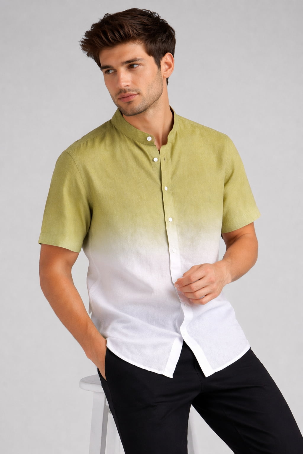 khakhi Ombre Mandarin Collar Cotton Shirt