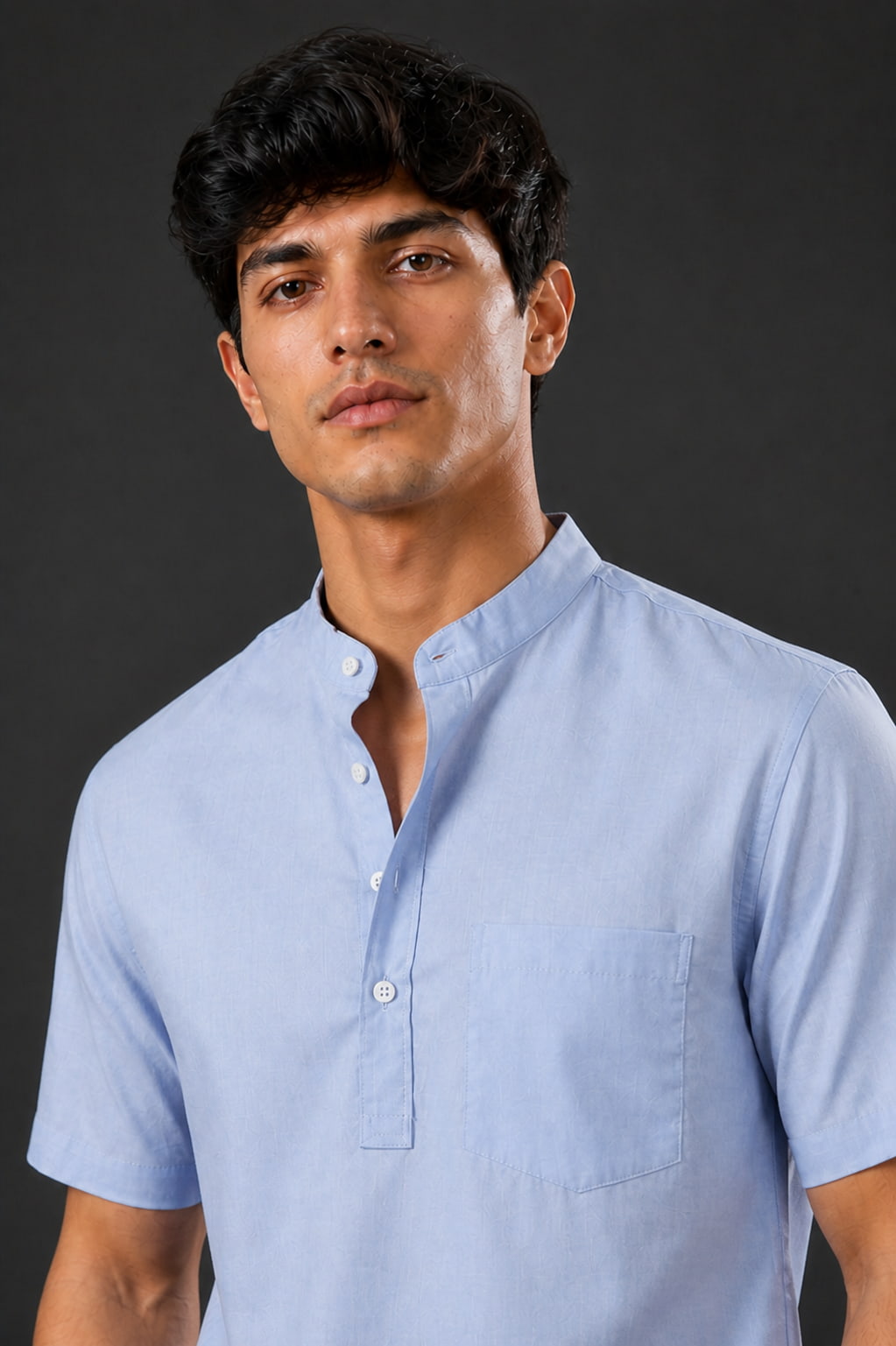 Ice Blue Mandarin Collar Cotton Short Kurta Shirt with Pocket
