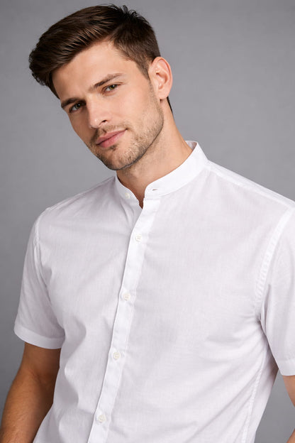 Men’s White Mandarin Collar Casual Shirt