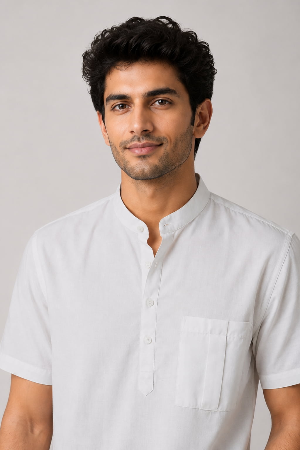 Classic White Mandarin Collar Cotton Short Kurta Shirt with Pocket