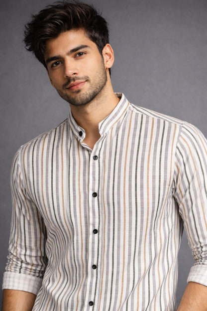 Men’s Off White Multi Stripe Mandarin Collar Cotton Shirt