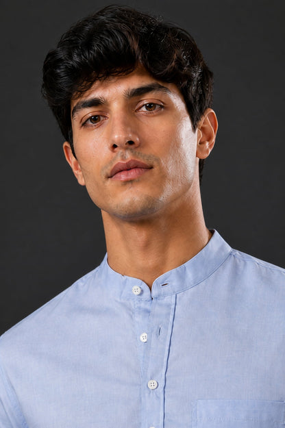 Ice Blue Mandarin Collar Cotton Short Kurta Shirt with Pocket