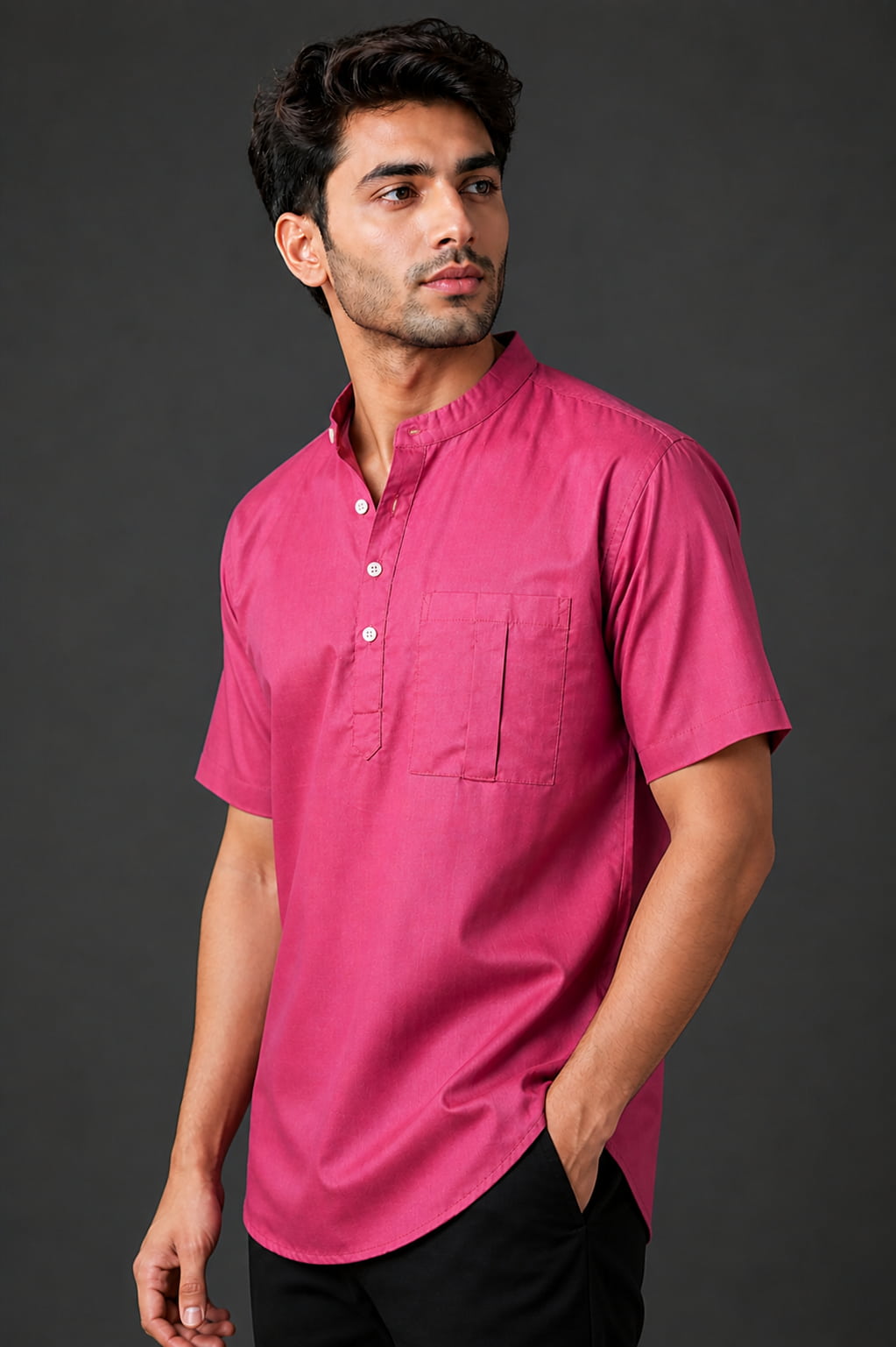 Rose Pink Mandarin Collar Cotton Short Kurta Shirt with Pocket