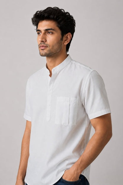 Classic White Mandarin Collar Cotton Short Kurta Shirt with Pocket