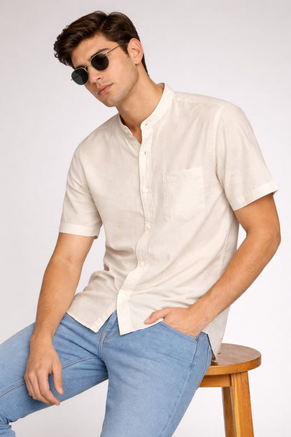 Men’s Cream Mandarin Collar Cotton Shirt
