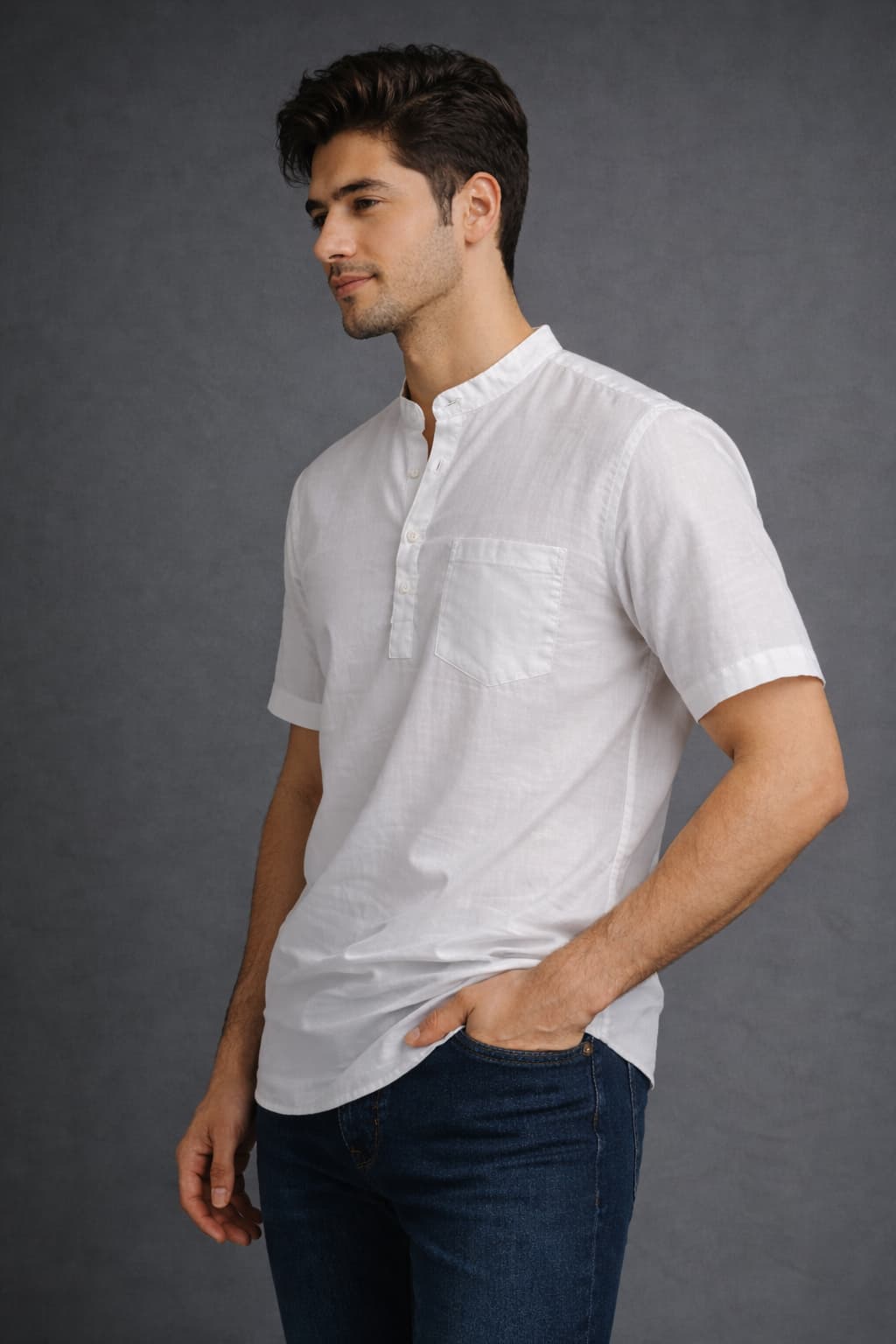 White Mandarin Collar Short Kurta