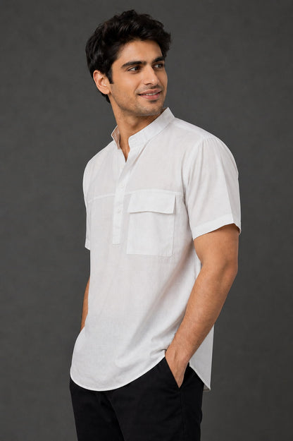 Men’s White Mandarin Collar Cotton Short Kurta Shirt with Pocket