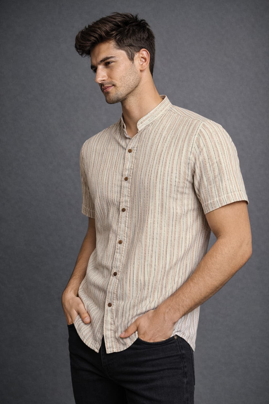 Beige Striped Mandarin Collar Shirt
