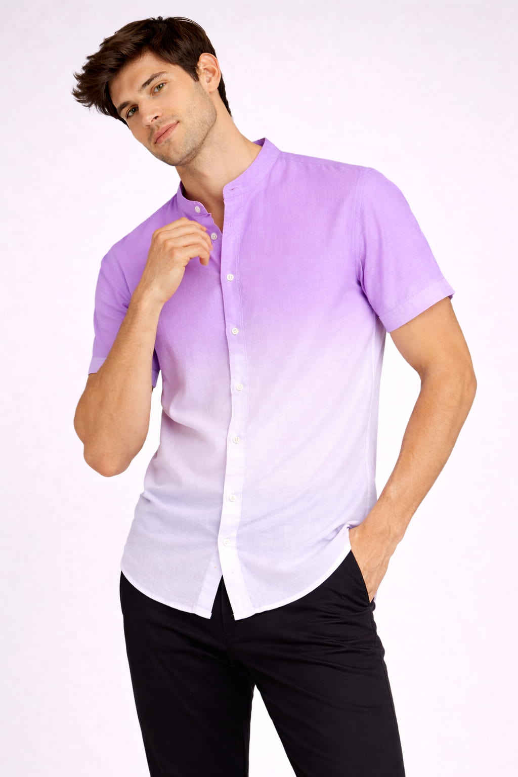 Purple Ombre Mandarin Collar Cotton Shirt