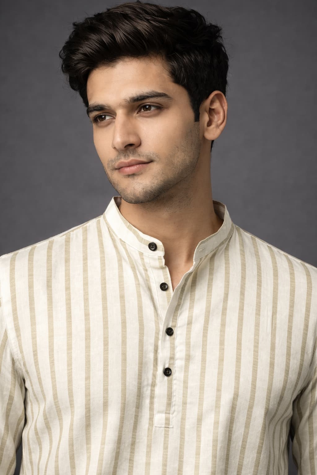 Beige Striped Mandarin Collar Short Kurta Shirt