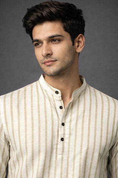 Beige Striped Mandarin Collar Short Kurta Shirt