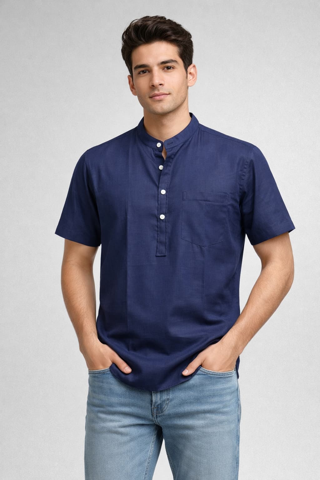 Navy Blue Mandarin Collar Short Kurta