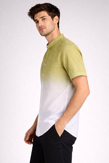 khakhi Ombre Mandarin Collar Cotton Shirt