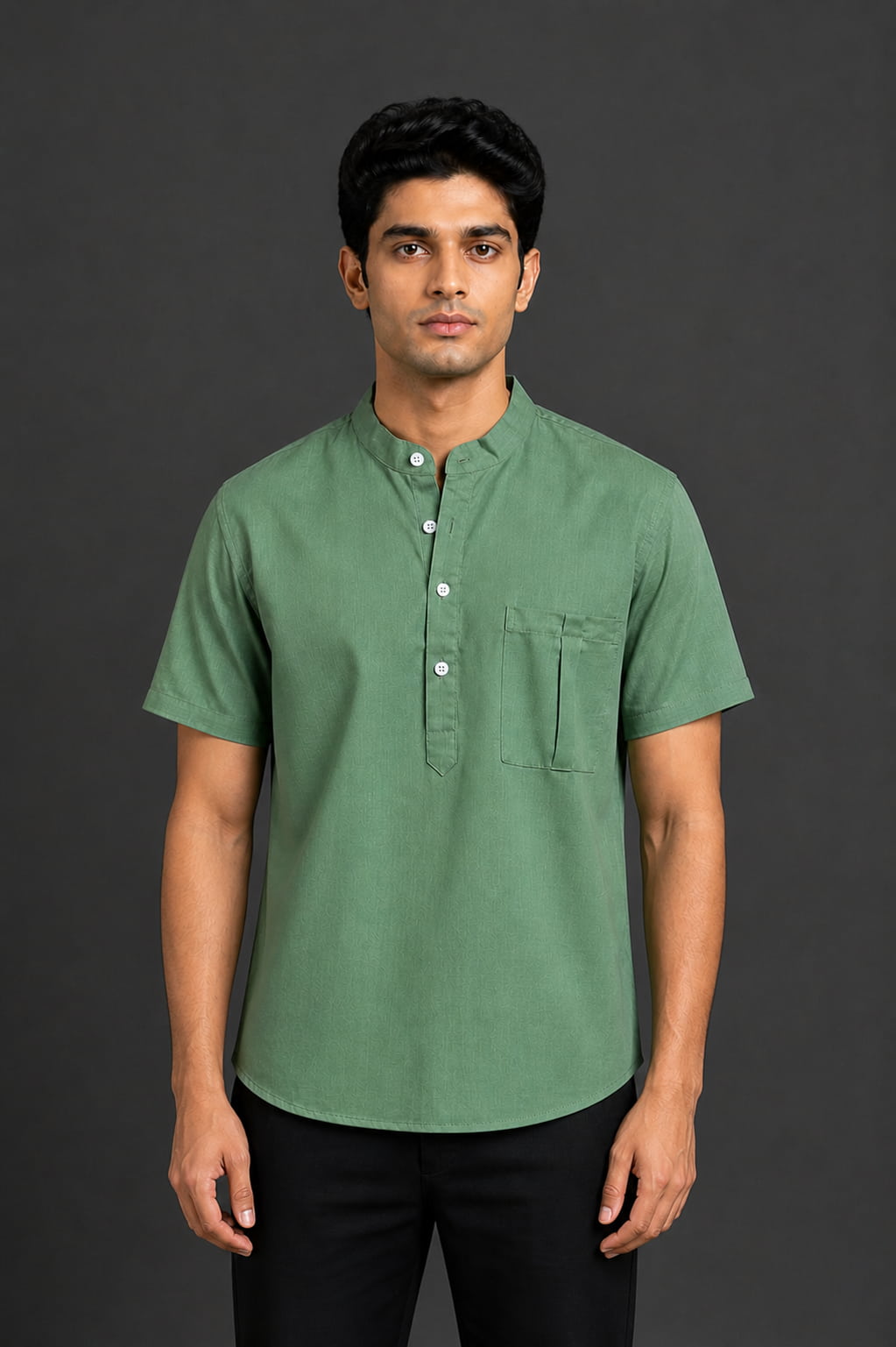 Sage Green Mandarin Collar Cotton Short Kurta Shirt with Pocket