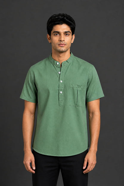 Sage Green Mandarin Collar Cotton Short Kurta Shirt with Pocket