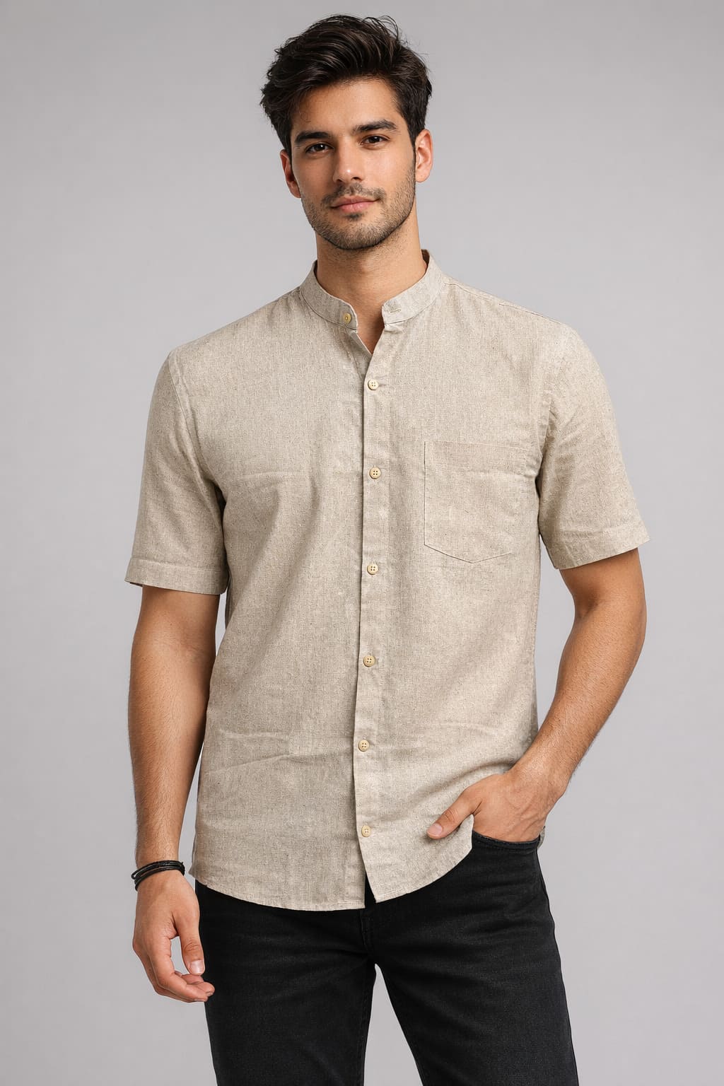 Men’s Beige Mandarin Collar Cotton Shirt
