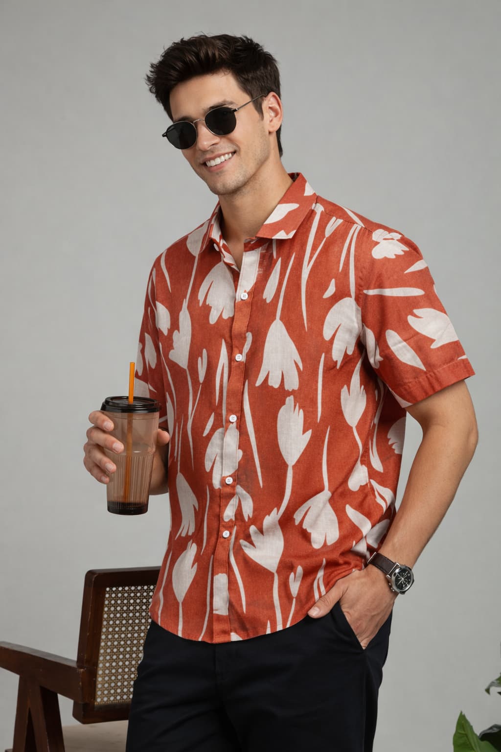 Rust Red Floral Print Shirt