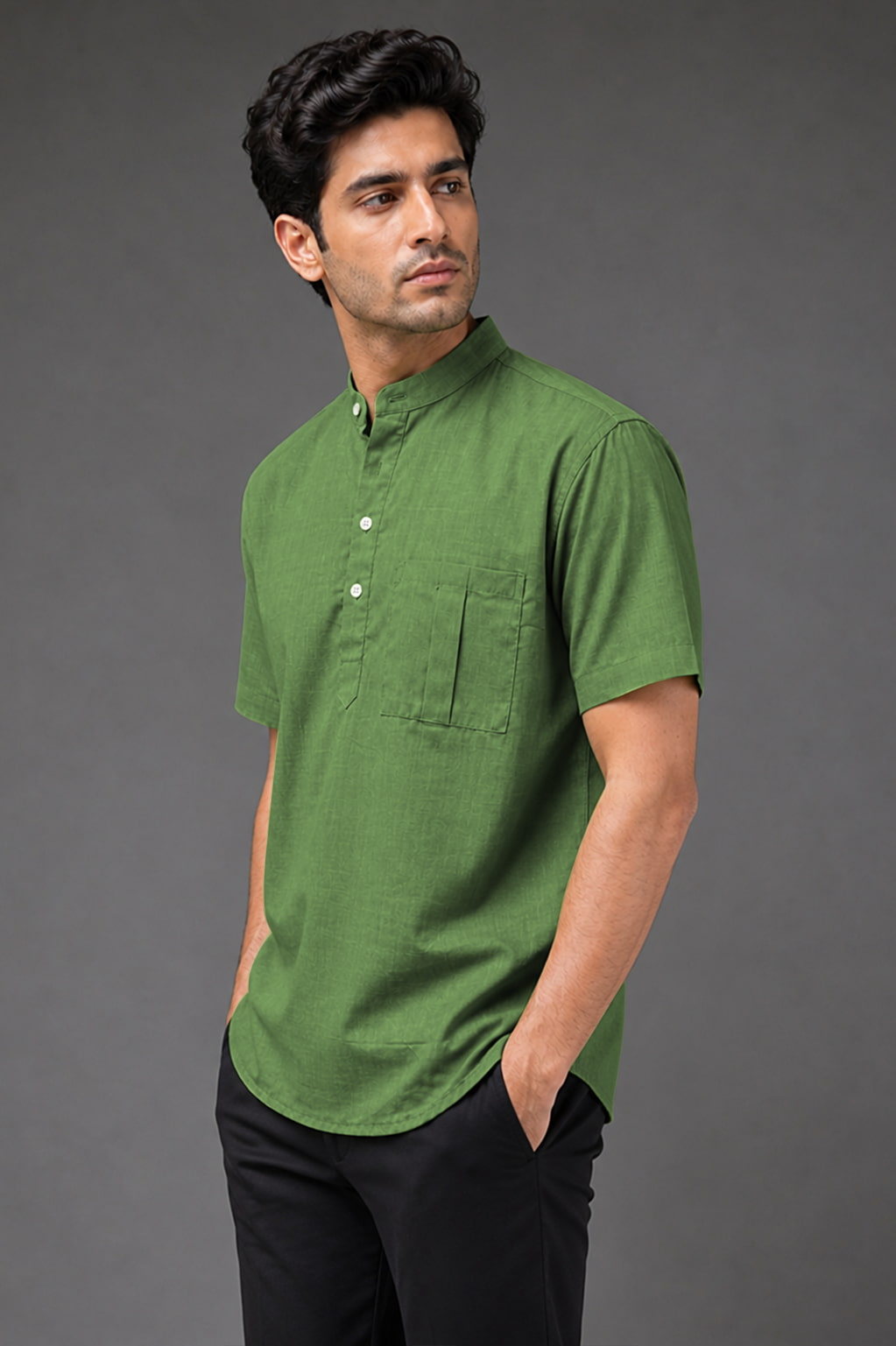 Olive Green Mandarin Collar Cotton Short Kurta Shirt with Pocket