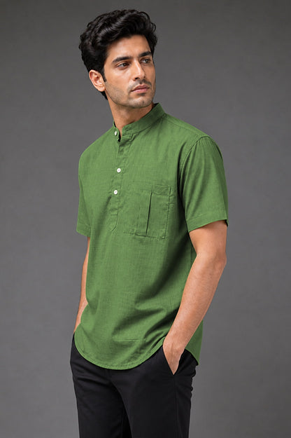 Olive Green Mandarin Collar Cotton Short Kurta Shirt with Pocket