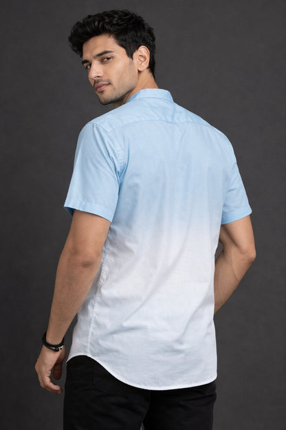 Sky Blue Ombre Mandarin Collar Cotton Shirt