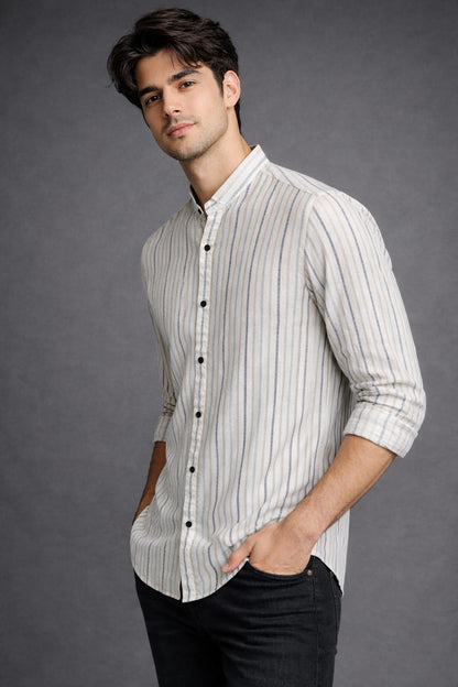 Men’s Olive Grey Striped Mandarin Collar Cotton Shirt