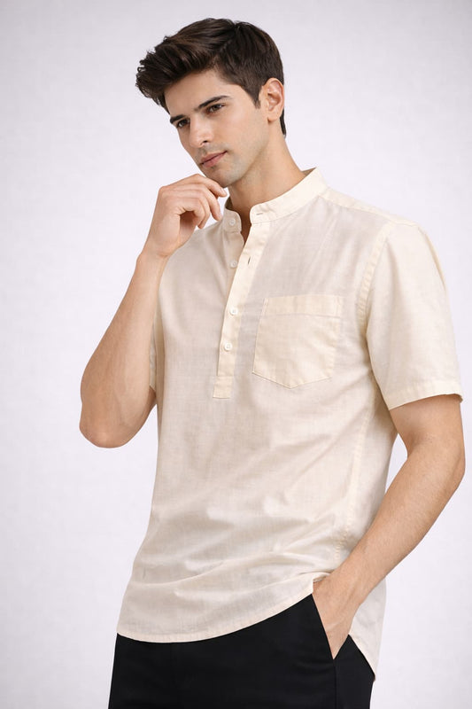 Cream Mandarin Collar Short Kurta
