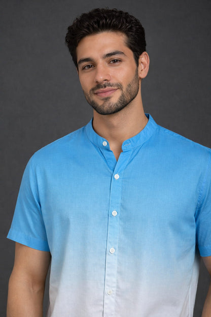 Blue Ombre Mandarin Collar Cotton Shirt