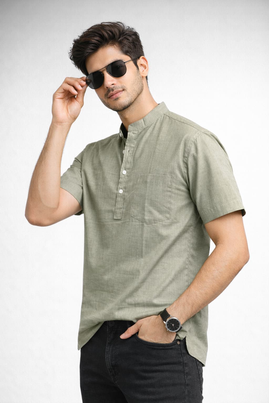 Olive Mandarin Collar Short Kurta
