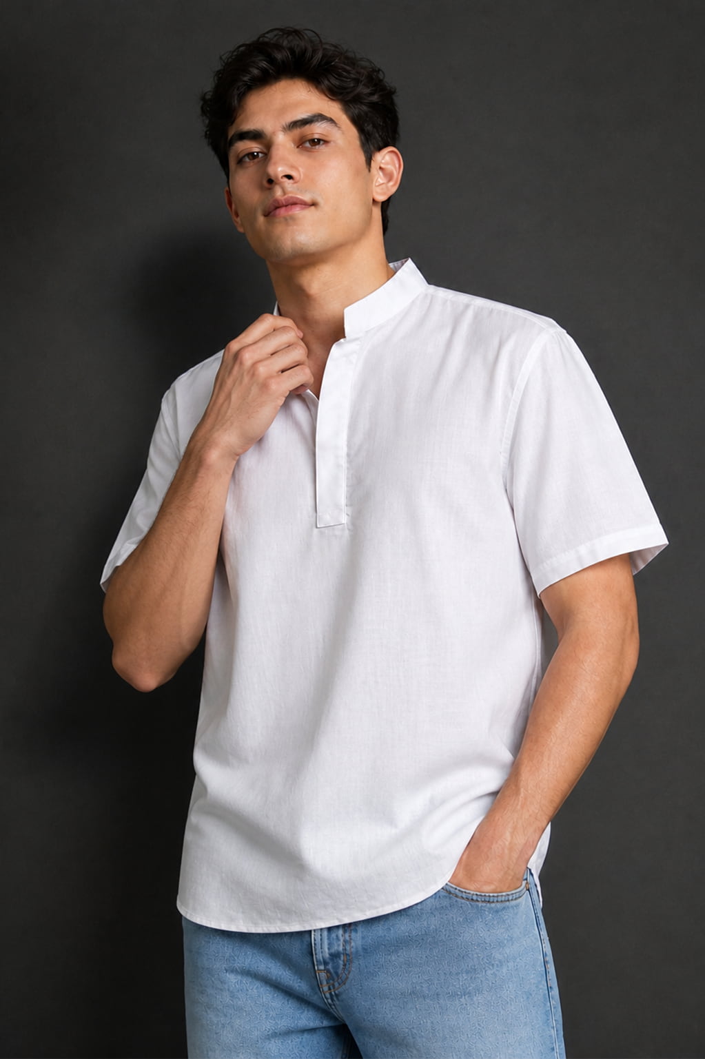 White Mandarin Collar Cotton Short Kurta Shirt