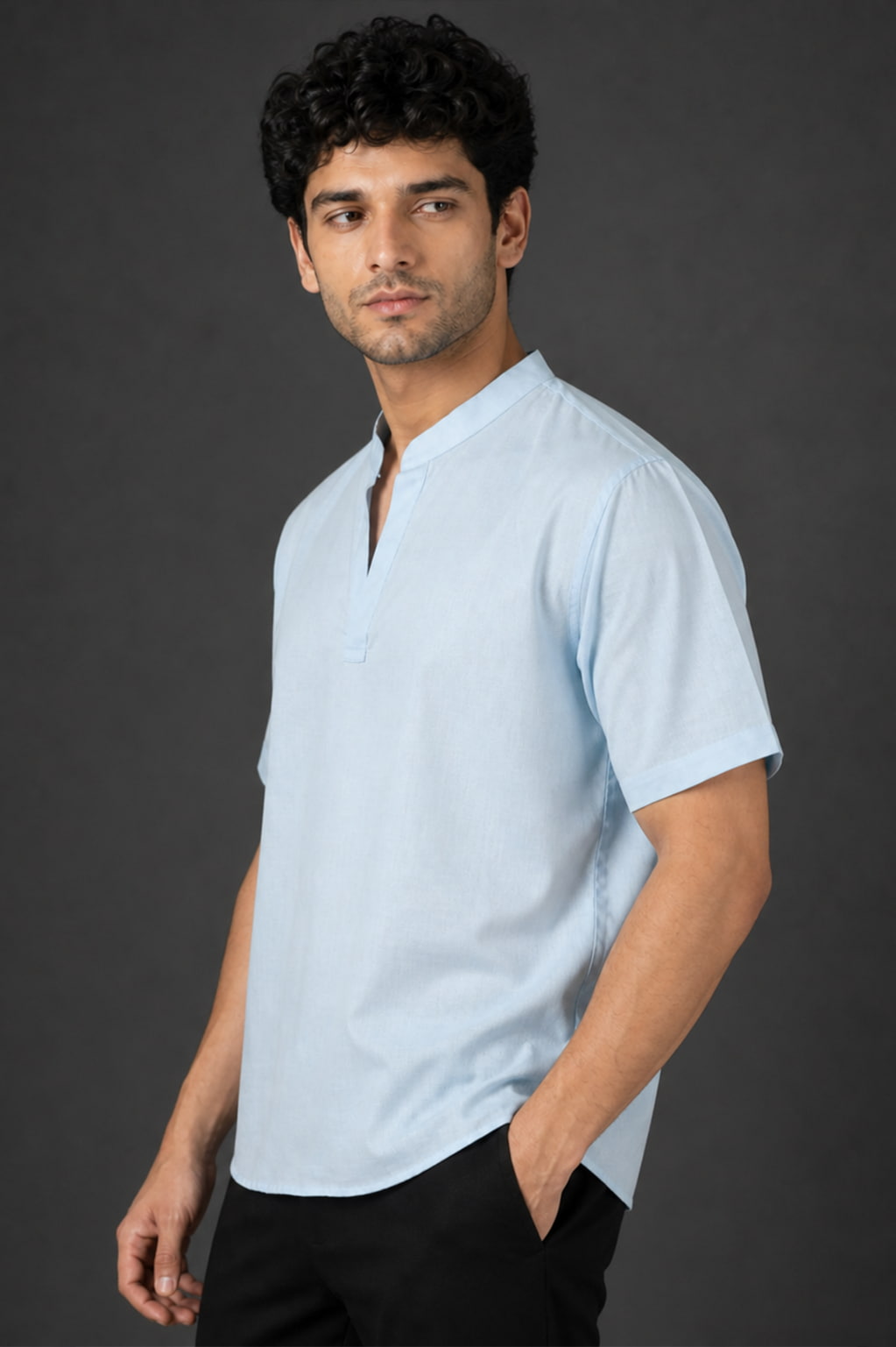 Sky Blue Mandarin Collar Cotton Short Kurta Shirt