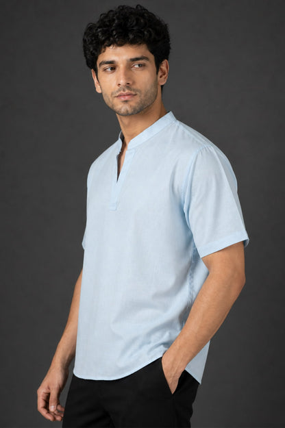 Sky Blue Mandarin Collar Cotton Short Kurta Shirt