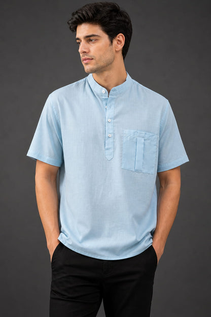 Sky Blue Mandarin Collar Cotton Short Kurta Shirt with Pocket