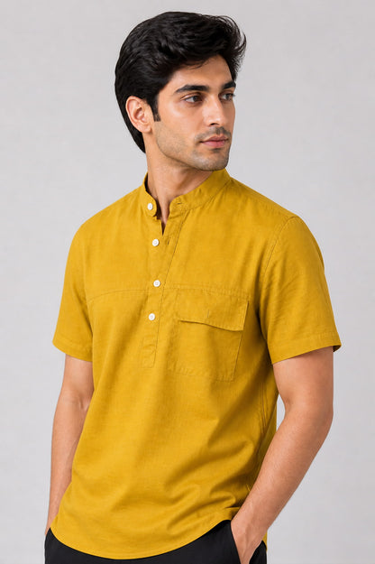 Mustard Yellow Mandarin Collar Cotton Short Kurta Shirt with Pocket