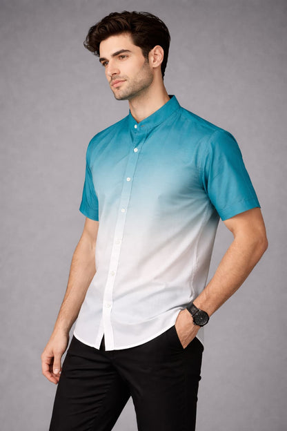 Teal Ombre Mandarin Collar Cotton Shirt