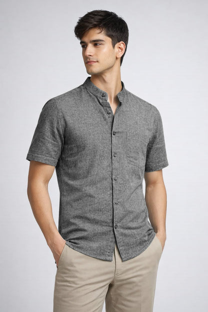 Men’s Grey Mandarin Collar Cotton Shirt