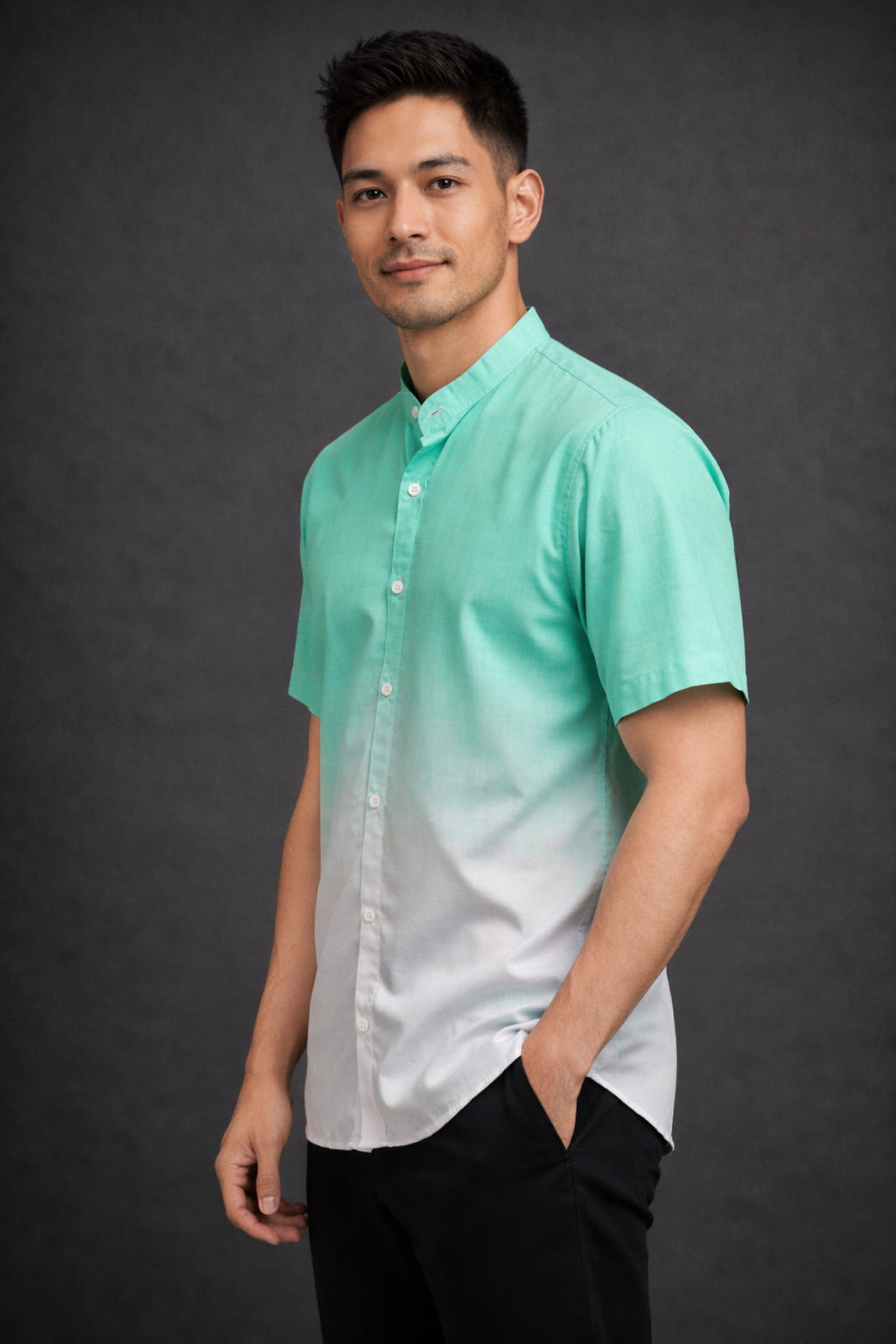 Green Ombre Mandarin Collar Cotton Shirt